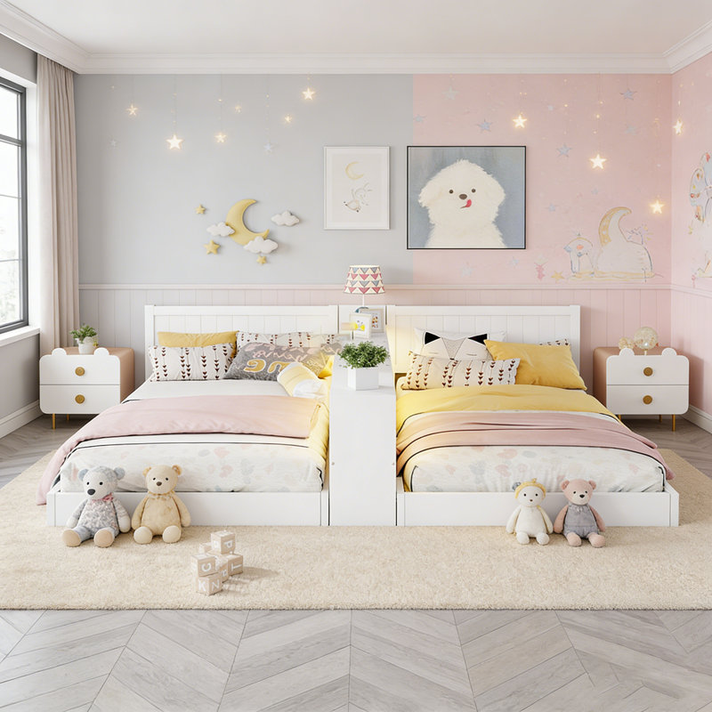 Structure de lit double avec rangement et charge, conception convertible pour les chambres d'enfants, Blanc