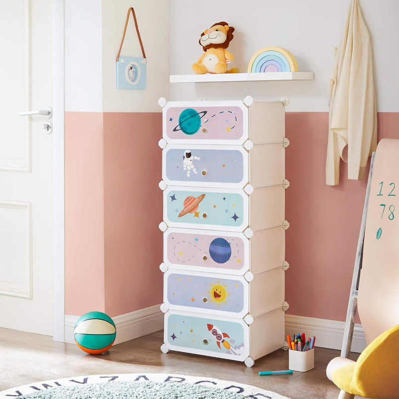 Kids' Shoe Rack With Doors, 6-Slot Stackable Storage Organizer For Shoes, Toys, Books, And Clothes, Space-Themed Design, Durable Plastic Construction, Easy Assembly