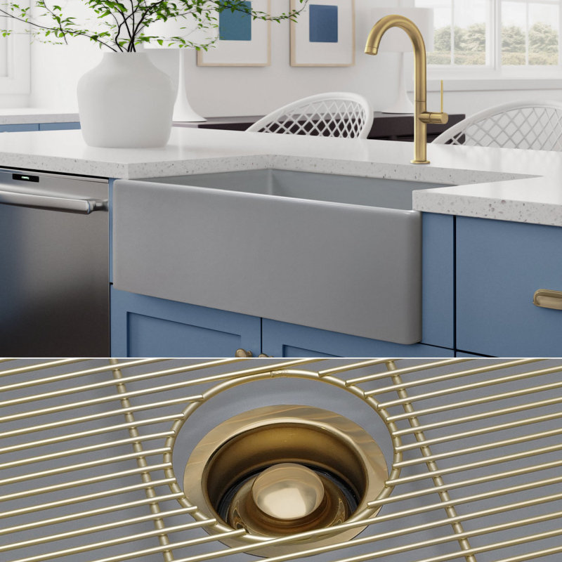 Évier de cuisine à double fixation de luxe L 33 po x l 20 po avec crépine, Accessoires en laiton brossé