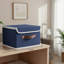 Large Blue Home Storage Box, Lidded & Collapsible, PU Handle PP Board Linen Material Storage-1275631650-1275631640