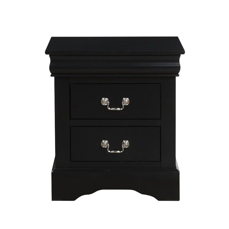 Table de chevet 2 tiroirs noire pour chambre à coucher avec poignées en métal et glissière