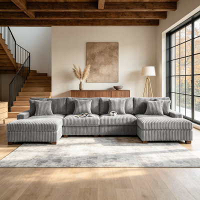 6 - Piece Upholstered Light Gray Faux Rabbit Fur Flannel Modular Sectional Sofa with Throw Pillows & Removable Ottomans