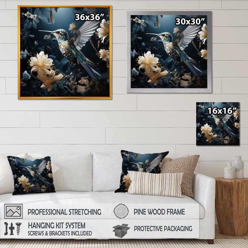 «Midnight floral oiseau Melody 1 - Hummingbird», art mural encadré, H 30 po x l 30 po x P 1,5 po, Cadre flottant noir