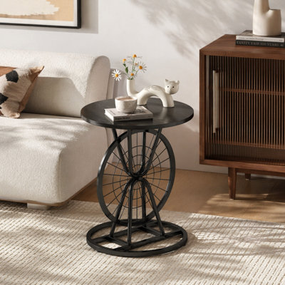2 Piece Vintage Industrial Wheel Design Side Table, Round Accent Table with Metal Frame, Rustic Coffee Table for Living Room, Bedroom, and Office