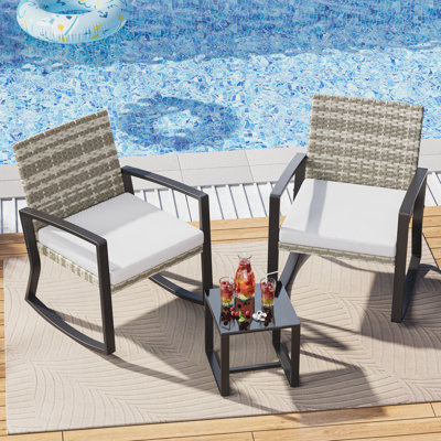 Steel 2-Person Rocking Seating Group With All-Weather Wicker Back, Cushions & Coffee Table