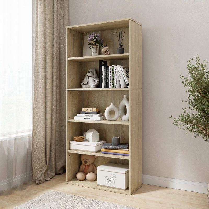 52.83 In. Tall Natural Oak Wood 5-Shelf Etagere Bookcase With Adjustable Shelves, Brown