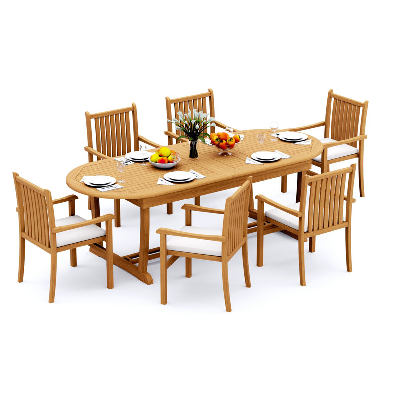 6 Seats 7 Pcs Grade-A Teak Wood Dining Set: 94" Mas Oval Trestle Leg Table And 6 Cahyo Stacking Arm Chairs #11CH2306, 6