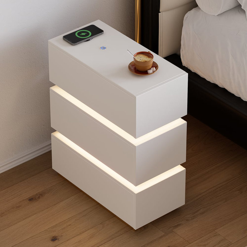 Narrow 3-Drawer LED Smart White Nightstand with Wireless Charger for Bedroom