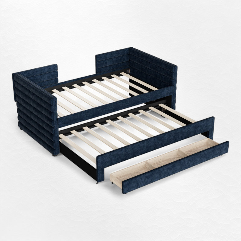 Upholstered Daybed With Trundle And 3 Storage Drawers, Dark Blue