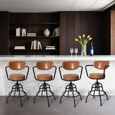 Tabouret de bar industriel avec dossier et coussins en cuir de 21,7 à 25,6 pouces de hauteur, chaises de bureau pivotantes rustiques, tabourets de pub rétro pour îlot de cuisine, salle à manger, salon
