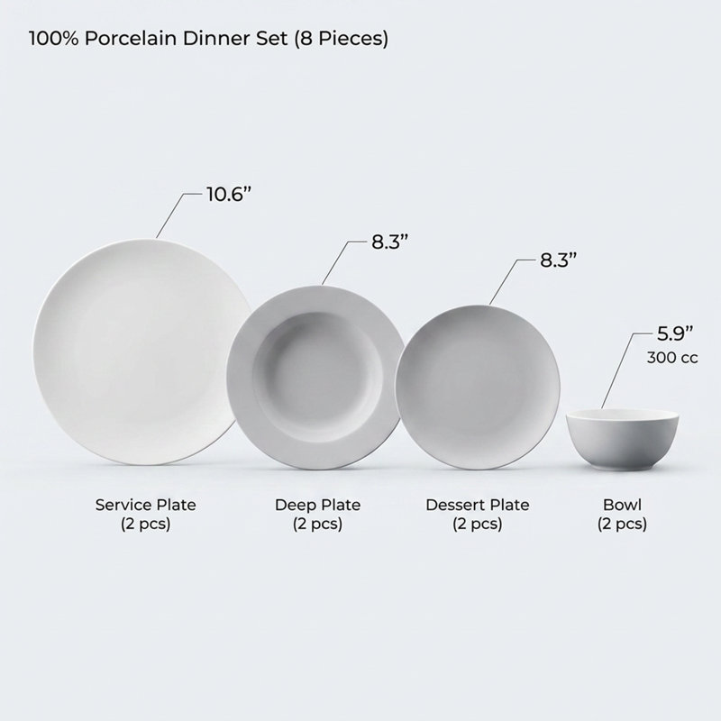 Service de table en porcelaine grise et dorée Celestial (service de 8 pièces pour 2 personnes)