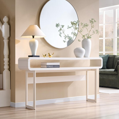 63-Inch Long Console Table, Modern Curved Entryway Table, White 31.5" Tall Entryway Table with Open Storage Shelf, Narrow Wood Sofa Table Behind Couch