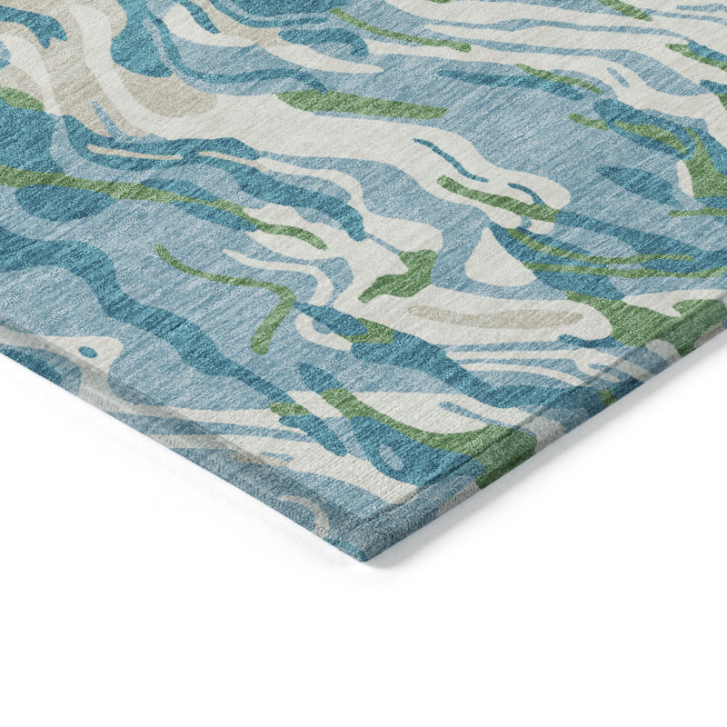 Teal and White Abstract Swirl Washable Synthetic Rug