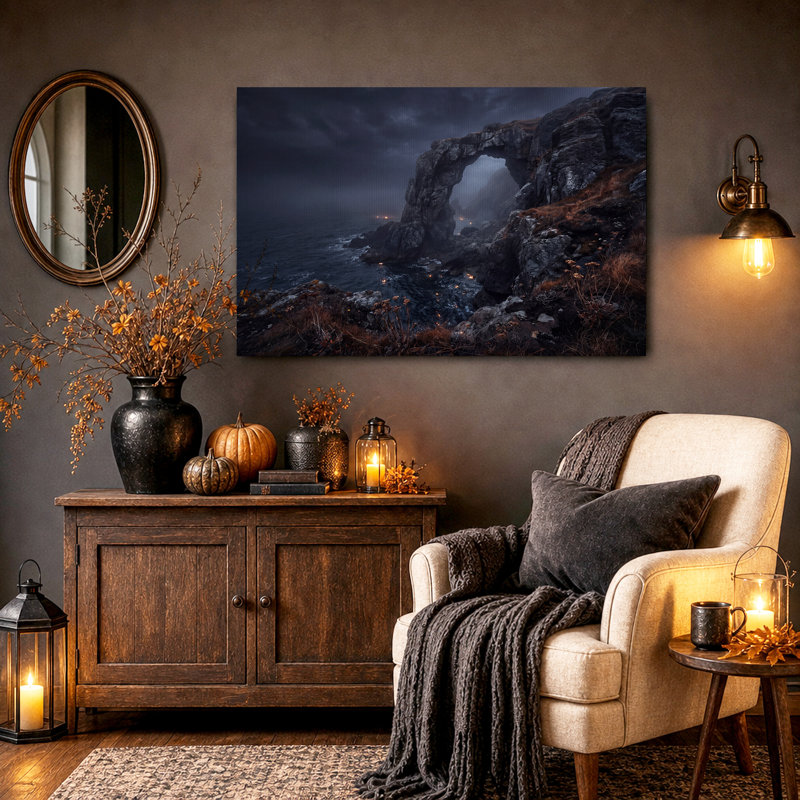 «Dark Stormy Coastal Rock Arch Over Ocean», art mural sur toile, H 20 po x l 30 po