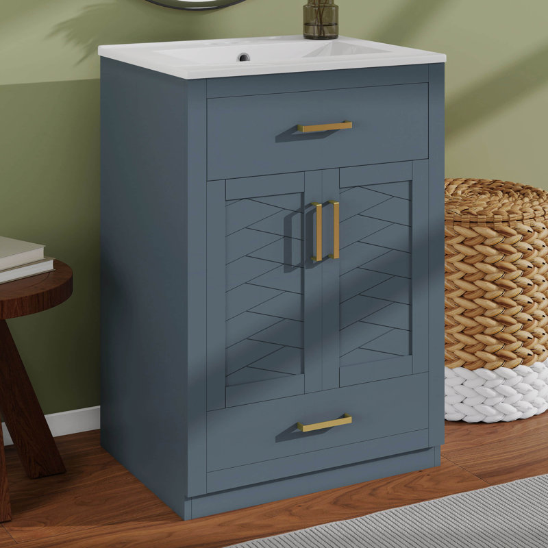 Meuble-lavabo 24 po avec lavabo en céramique, meuble-lavabo simple autoportant avec 2 portes, plateau basculant et tiroir inférieur