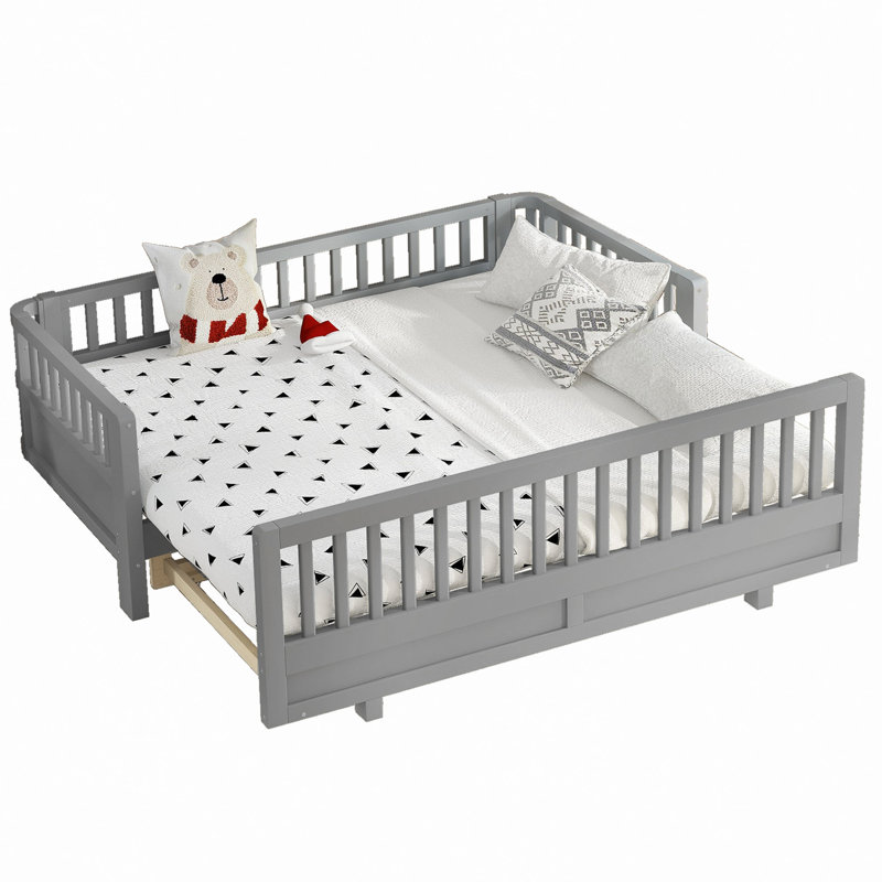 Lit plateforme avec garde-corps, structure de lit en bois massif, peut être converti en lit plateforme double, Gris