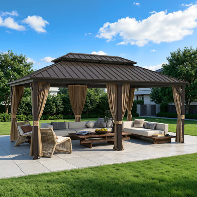 Outdoor Patio Gazebo, Hardtop Gazebo with Galvanized Steel Roof & Aluminum Frame,Heavy Duty Permanent Pavilion with Netting & Curtains for Patio, Lawn, Deck
