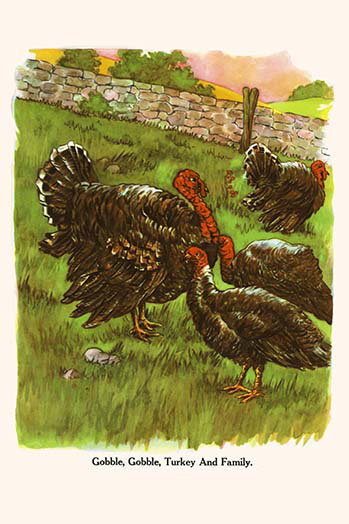 «Gobble Gobble Turquie et famille» par Bird et Haumann, reproduction d'art, H 36 po x l 24 po x P 1,5 po