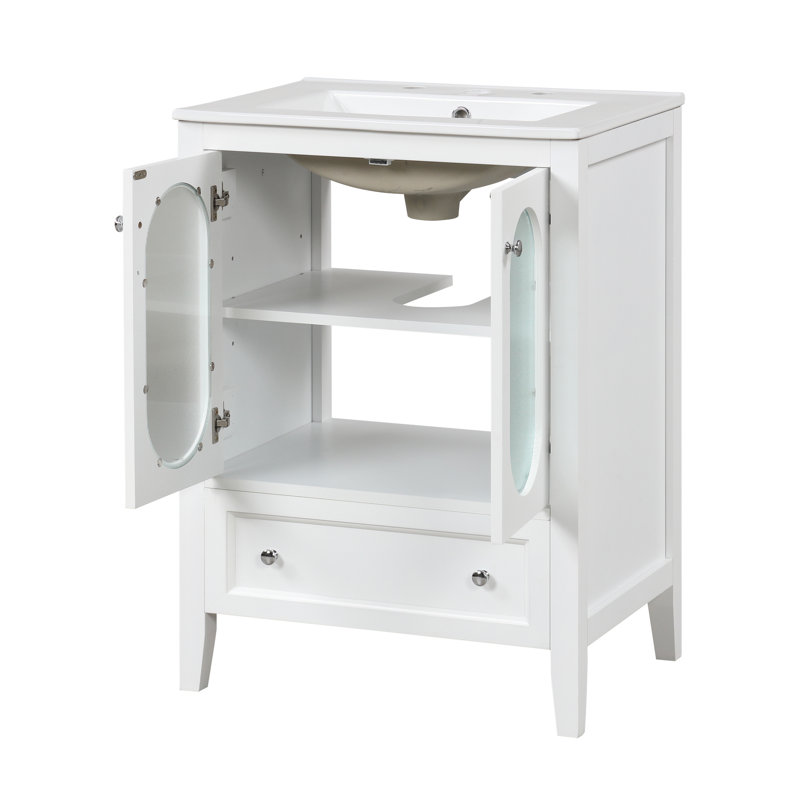 Meuble-lavabo 24 po avec lavabo, meuble-lavabo avec tiroir et portes, tablette réglable, bois massif et panneau de fibres à densité moyenne, blanc