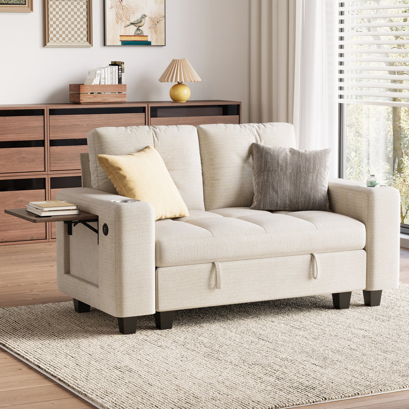 Canapé modulaire avec rangement d'appoint Benett, Beige, Accoudoirs de table d'appoint