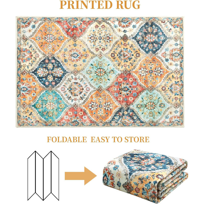 Washable Boho Medallion Area Rug, Vintage Distressed, Orange, Rectangle 8' x 10'