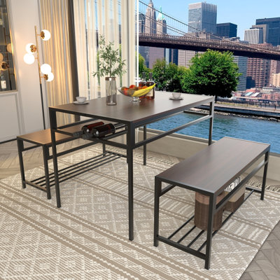 Industrial 3-Piece Dining Table Set with 2 Benches, Rectangular Wood Grain Kitchen Table with Built-in Wine Storage Rack, Space Saving Dinner Furnitur