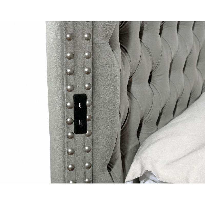Lit de rangement touffeté Hazel en bois, Grand lit, Gris
