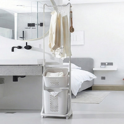 2-Tier Laundry Hamper Sorter with Hanging Bar & Wheels, Removable Baskets for Dorm/Closet/Bathroom, White