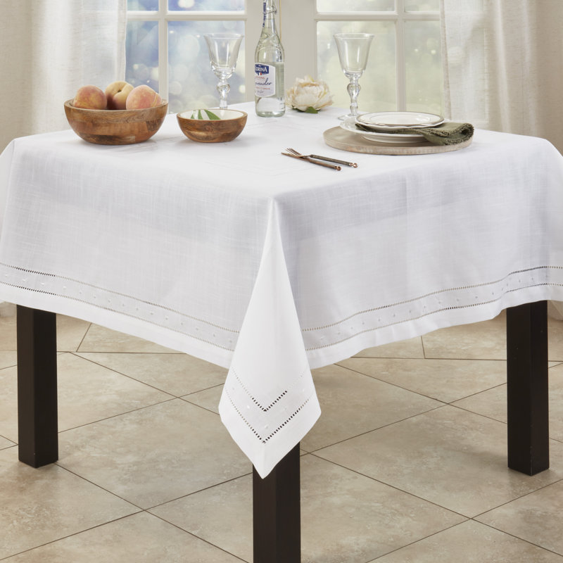 White Square Hemstitch Embroidered Fabric Tablecloth, 72"