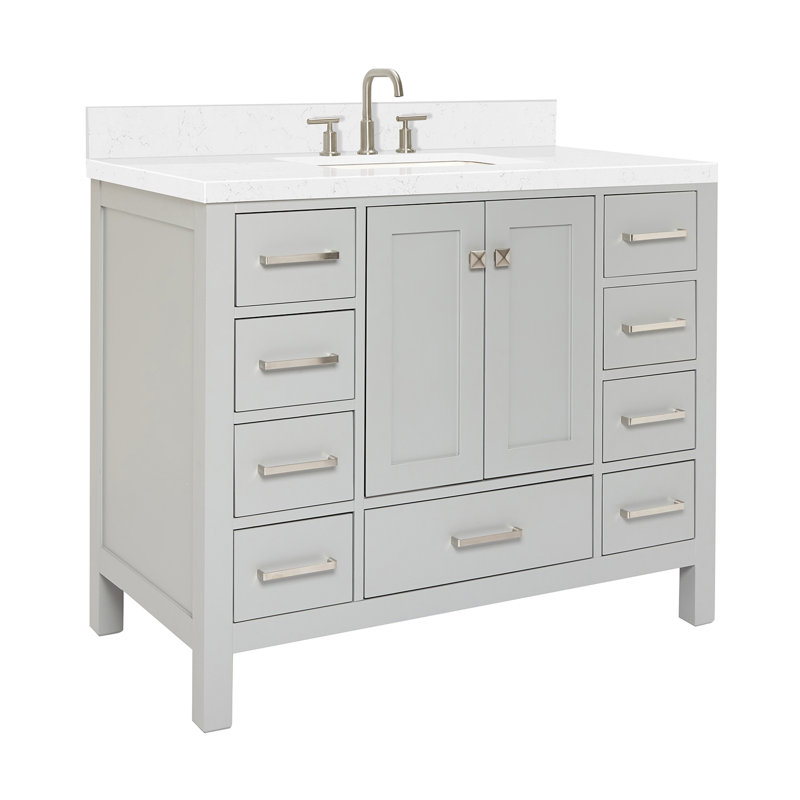  Meuble-lavabo simple 42,25 po avec comptoir en quartz, Gris / Nickel brossé, Rectangular