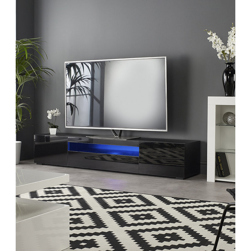 Tague 78.74” High-Gloss TV Stand w/ Blue LED Lights, Soundbar Shelf & 3 Cabinets — Modern 79" Media Console w/ Drop-Down AV Storage + Cable Management for TVs up to 88–90" (250 lb capacity)