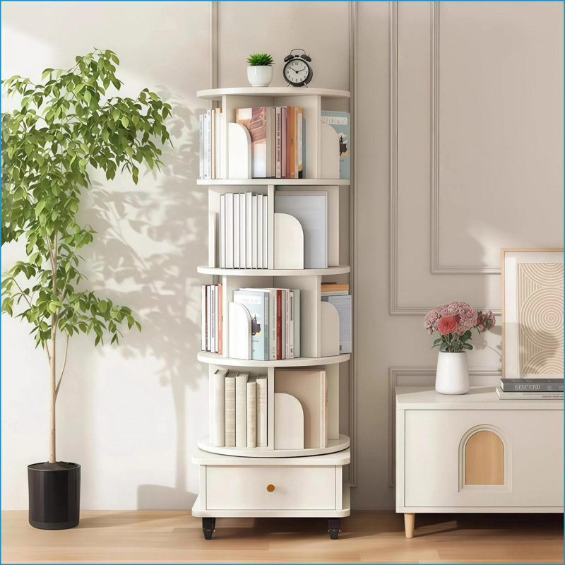 Bookshelf 360° Rotating 5-Tier with Wheels &amp; Drawer, Space-Saving Cream Tower | MDF | Cream, White