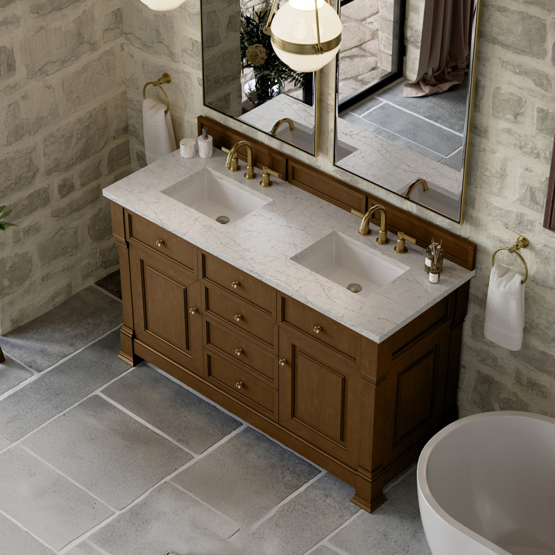 Brookfield 60'' W Double Vanity, Eternal Jasmine Pearl, Honey Oak