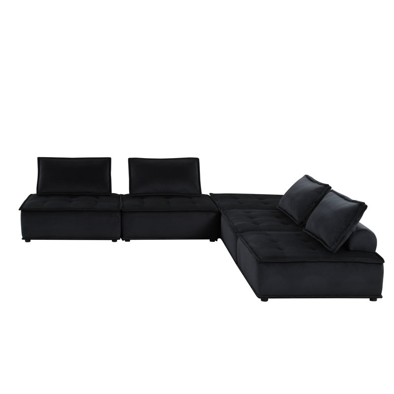 25.5" Seat Depth Black Velvet Sectional , Fashionable 5 Pc Construction