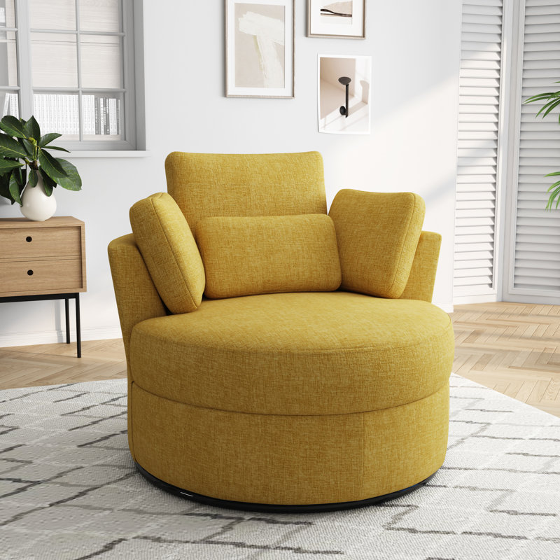 Niama Upholstered Swivel Lounge Armchair With Pillows, Yellow Polyester Blend/Polyester