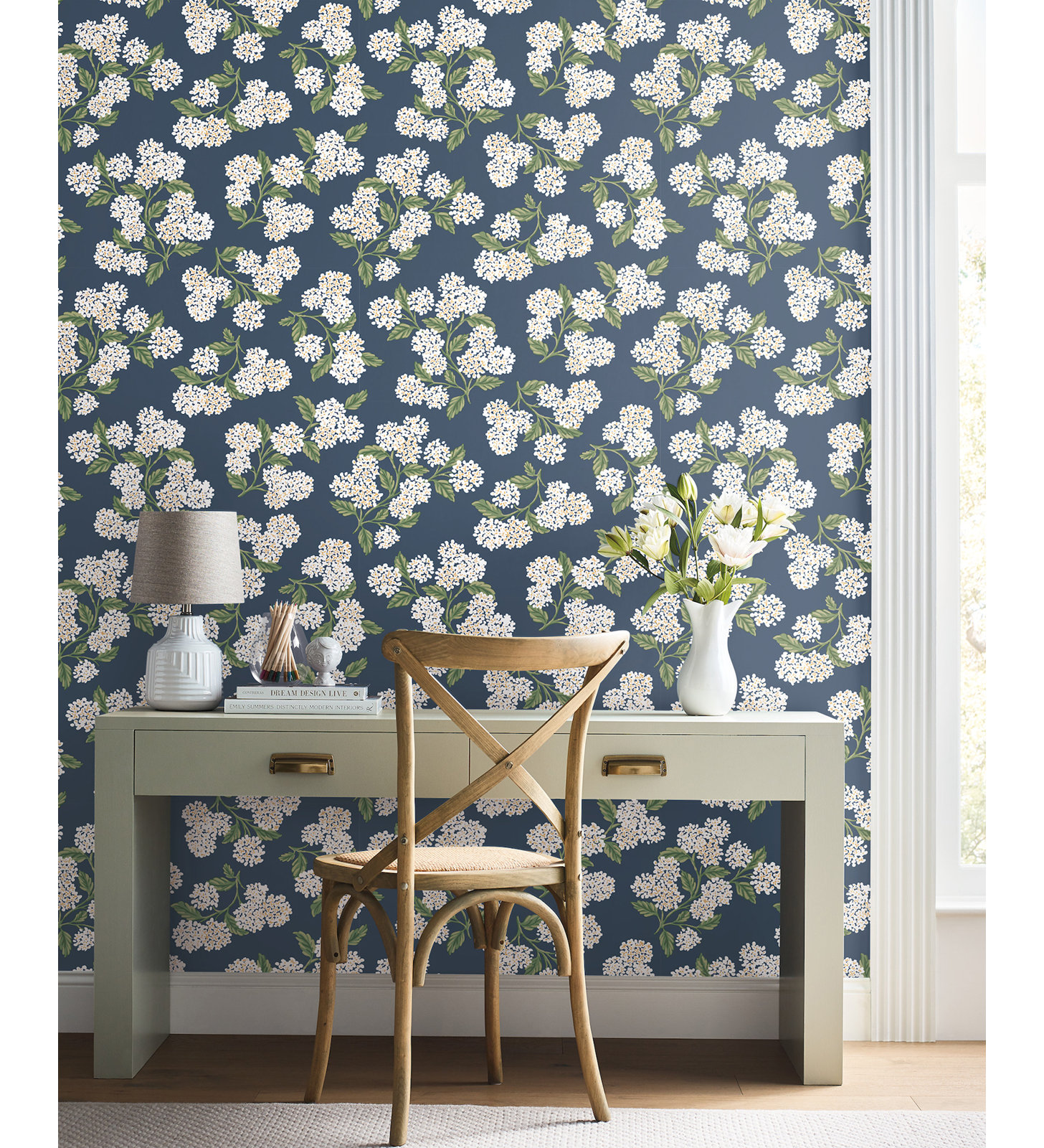 Hydrangea White Peel and Stick Wallpaper, Navy