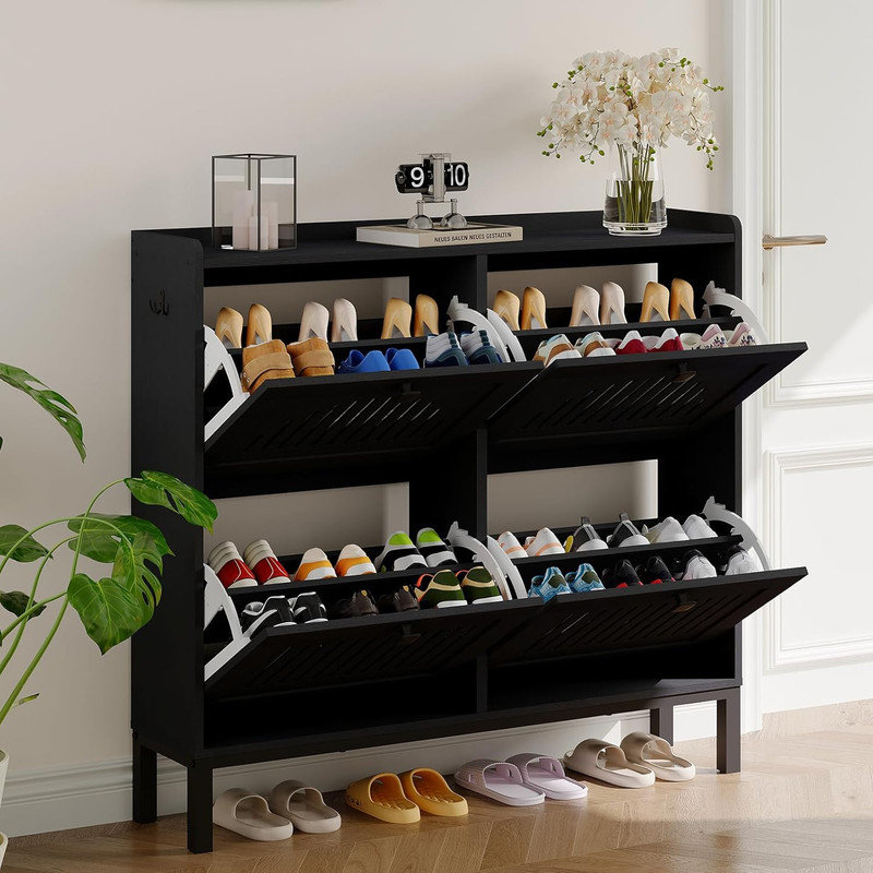 4-Door Turn-Over Shoe Storage Cabinet – Adjustable Shelves, Slim 9.45” Wooden Rack with Hidden Organizer for Entryway, Hallway, Living Room