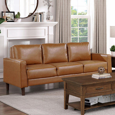 3-Seater Sofa, Modern  Style Brown Faux Leather Upholstered  Couch Comfortable Cushion Back Seat Solid Wood
