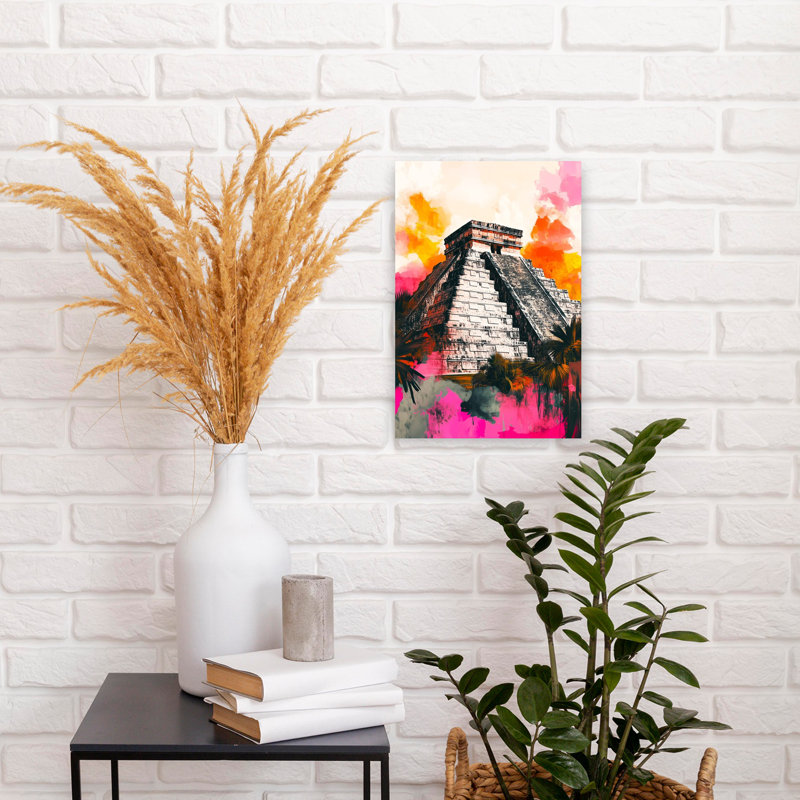 Vibrant Chichen Itza Pyramid Colorful Dramatic Vibrant Architecture Landscape Wall Art Print 1 Piece Wrapped Canvas Wall Art