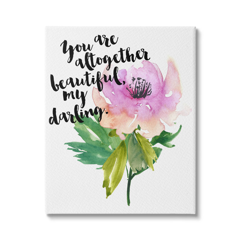 «You Are Beautiful Calligraphy» citation effet aquarelle florale par Amy Brinkman - Peinture, L 16 po x H 20 po, Toile tendue