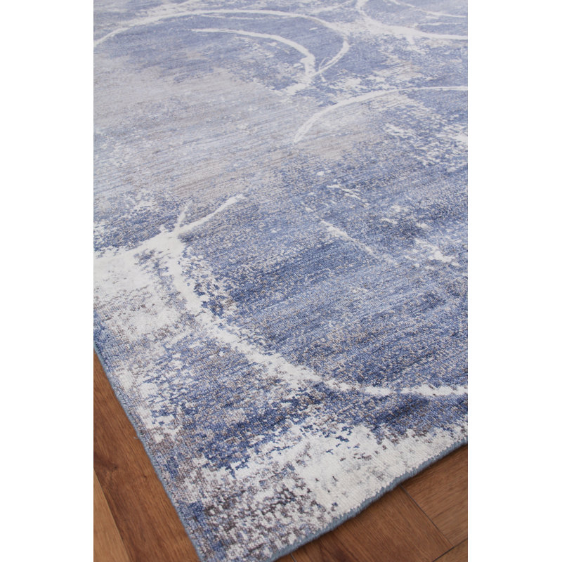 Fine Pure Silk Geometric Hand-Knotted Blue/Gray/Ivory Area Rug, Rectangle 9' x 12'