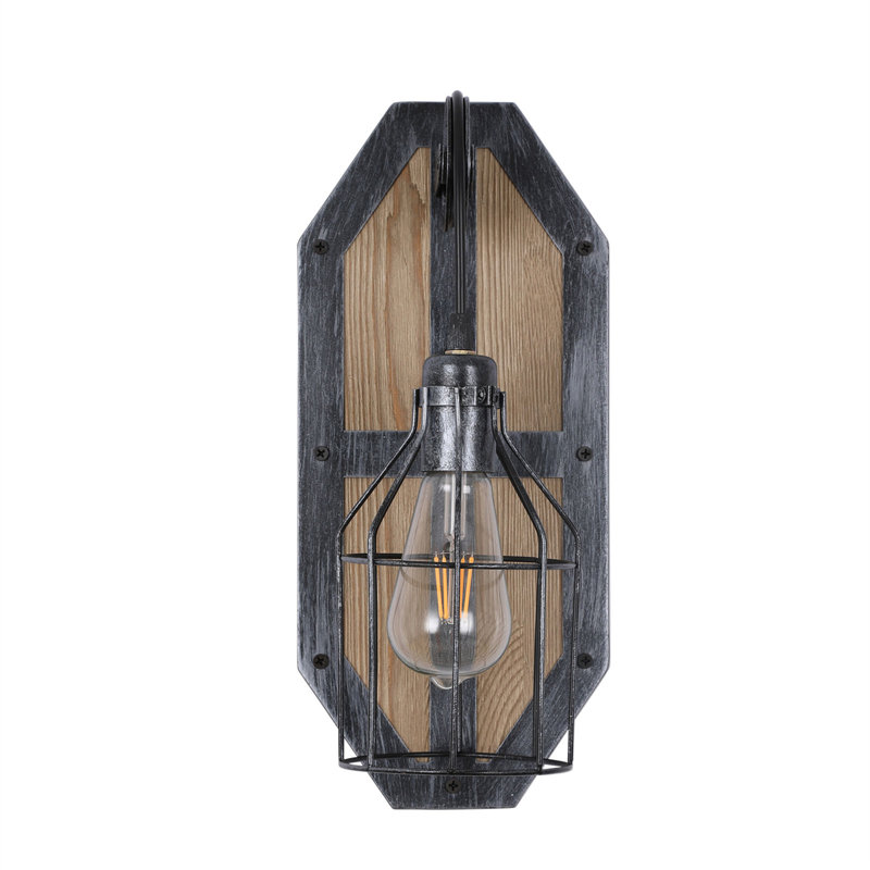 Applique murale industrielle 14,7 po avec cage en métal et base en bois