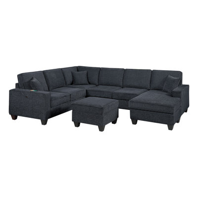 Slate Black Finish Contemporary Style 5Pc Sectional Set Left Arm Loveseat With USB Port Corner Wedges Ottoman Armless Chairs Right Arm Loveseat With Chaise Primary Living Room