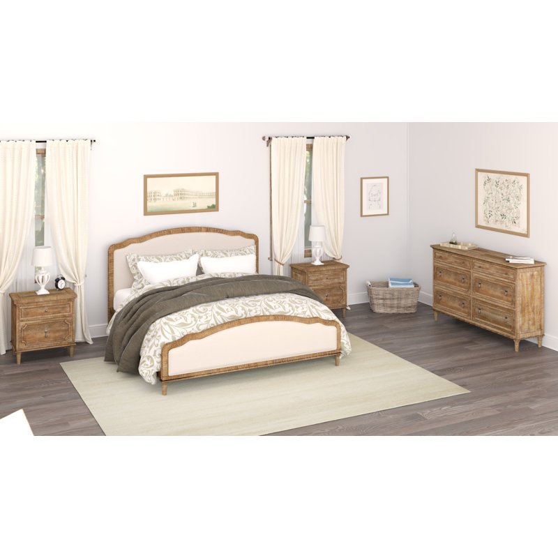 Posey Upholstered Standard Bedroom Set, King, 4 Pcs: Bed, 2 Nightstands, Dresser