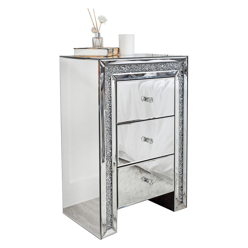 Mirrored Glass Bedside Table 3 Drawer Crushed Diamond Home Decor