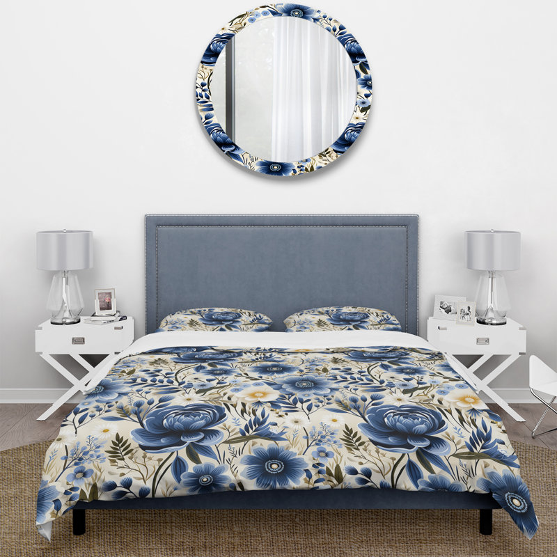 Classic Blue Harmony Bouquet II Floral Duvet Cover, King Duvet Cover + 2 King Shams