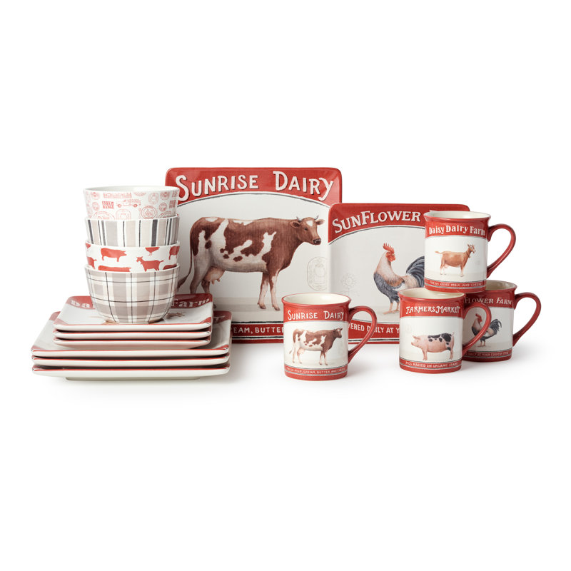 Certified International Vintage Farm 16-Piece Dinnerware Set, Includes  10.5-Inch Dinner Plates, 8.5-Inch Salad Plates, 16-Oz Mugs & 5.25-Inch  Bowls, Farm Animal Design with Red Accents, Rustic & Dishwasher Safe |  Wayfair
