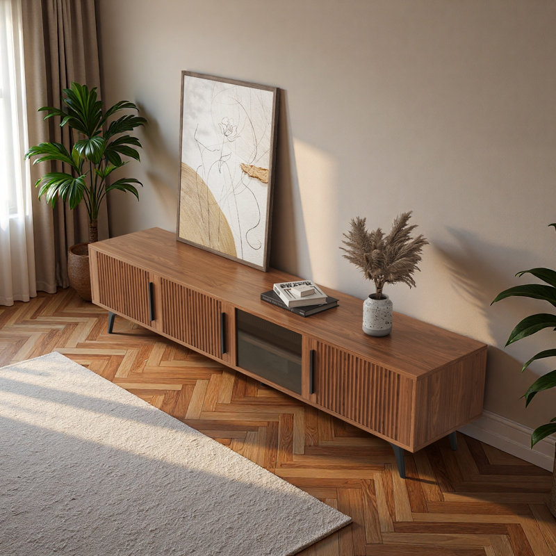 Meuble télé 78 po à grain de bois moderne avec tablettes réglables, trou de gestion des câbles, portes à pousser et pieds robustes en métal