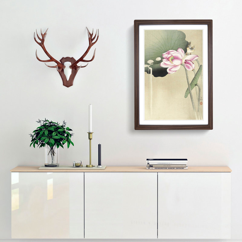 Songbird & Lotus by Ohara Koson - Picture Frame Painting Print, 36cm H x 27cm W x 2cm D, Walnut Framed