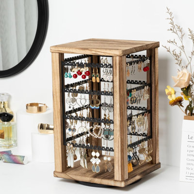 Support pour organisateur de boucles d'oreilles rotatives 360 °, support à boucles d'oreille en bois rustique à 4 niveaux avec 192 présentoirs pour boucles d'oreilles, boucles d'oreilles